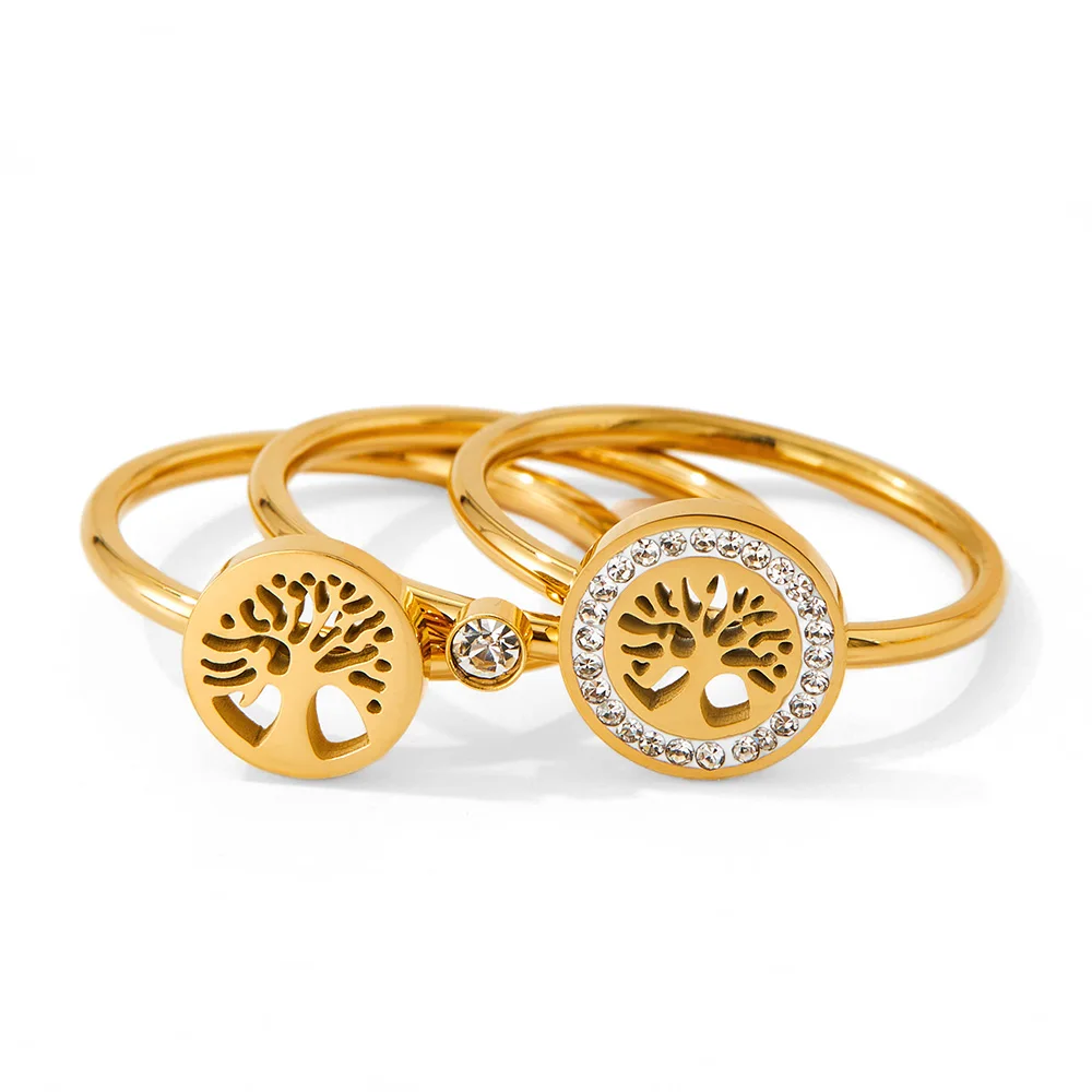 

Stylish Stainless Steel Life Tree Hollowed 3-in-1 Finger Ring