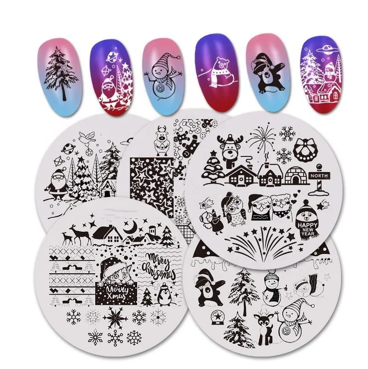 

Christmas Nail Stamping Plates Steel Stencils Snowflakes Round DIY Image Template for Manicure