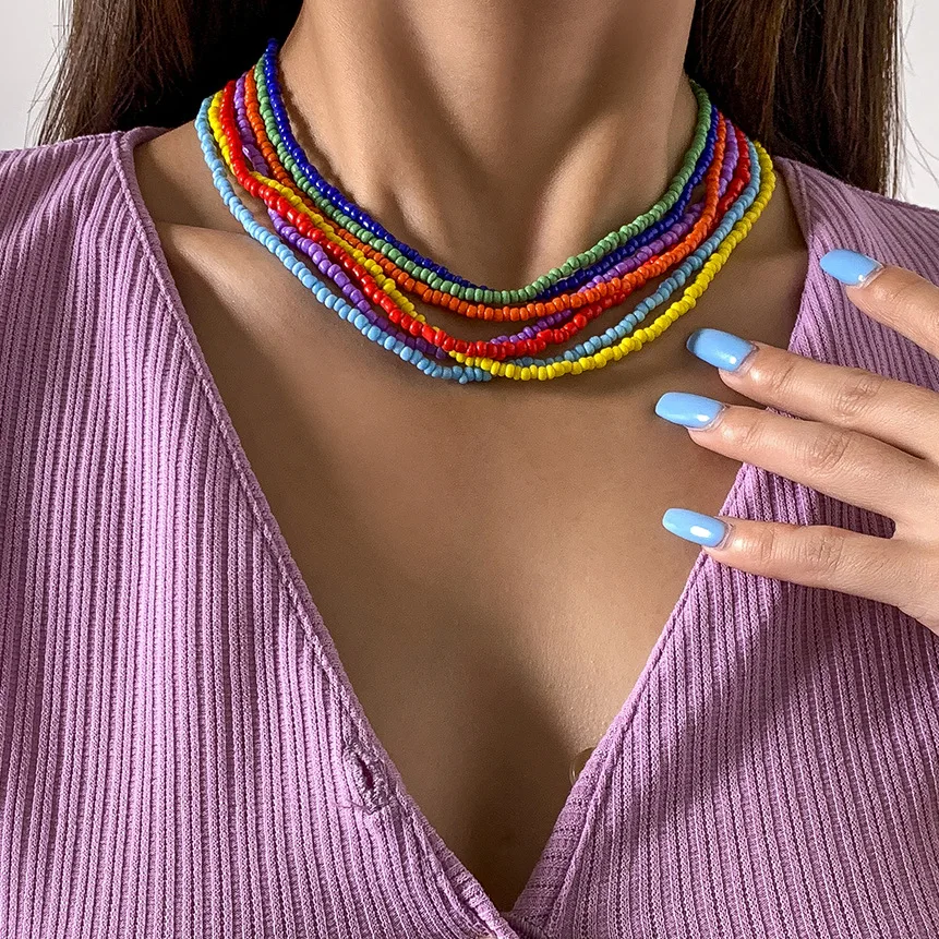 

NK-1141 Bohemian Handmade Rainbow Beads Choker Necklace Colorful Rice Seed Bead Necklace Set Women Beach Jewelry, As show picture