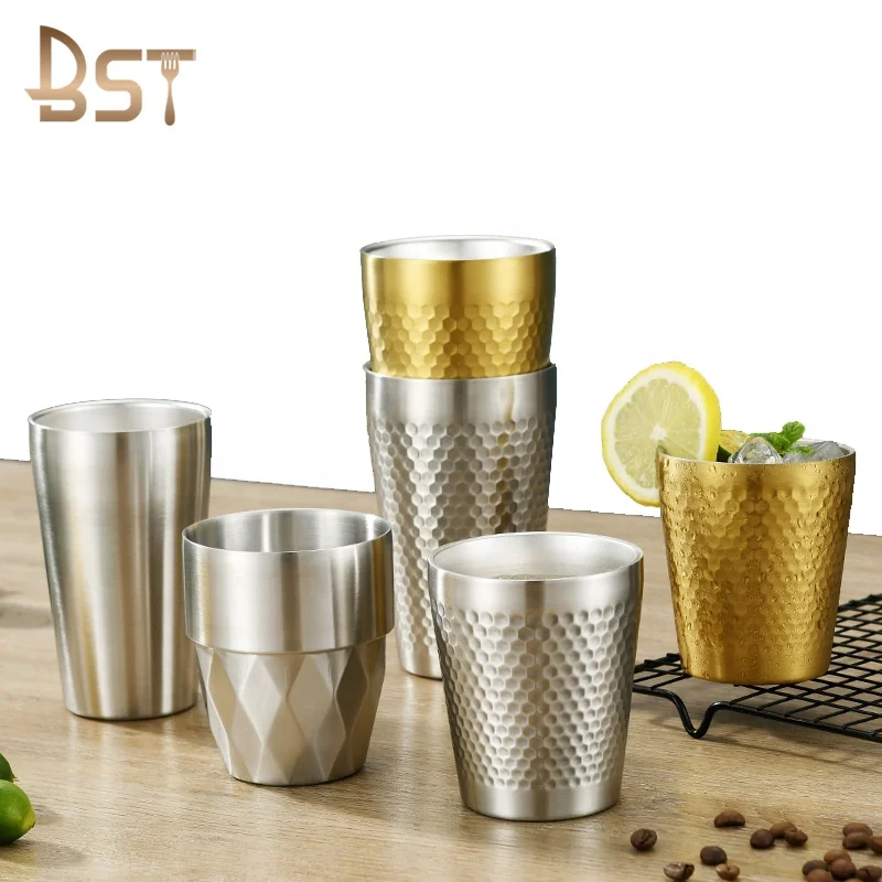 

New Style 6/10/15oz Metal Double Wall Vacuum Insulated Drinking Mug Hammered Stainless Steel Pint Cups, Silver, gold