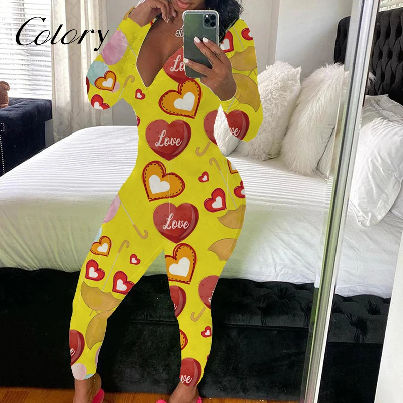 

Colory Designer Custom Logo Pajamas Printing Valentines Day Onesie Long Women Printed, Picture shows