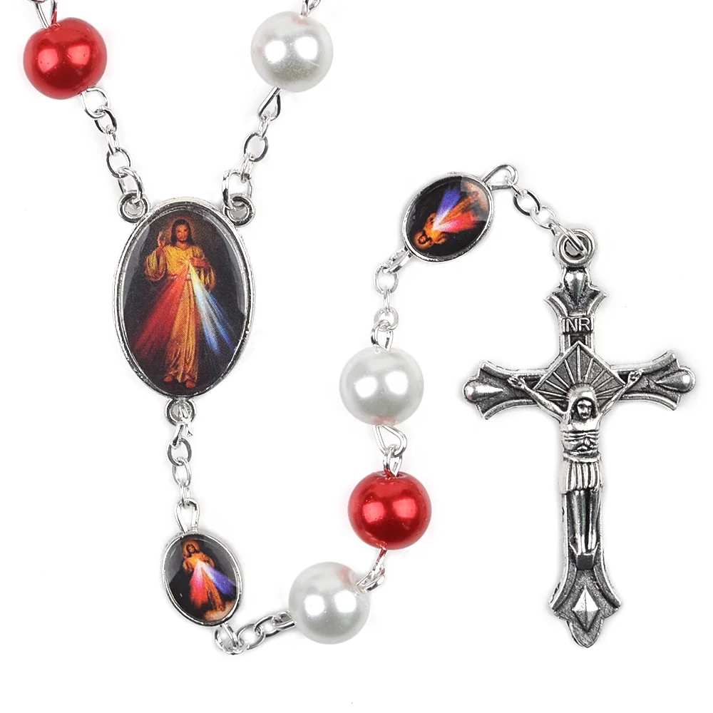 

Red White 8mm Glass Beads Divine Mercy Rosary with gifts box Jesus Merciful Metal Beads Catholic Rosaries