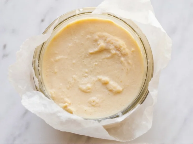 Dairy free ice cream storage in glass container with parchment paper