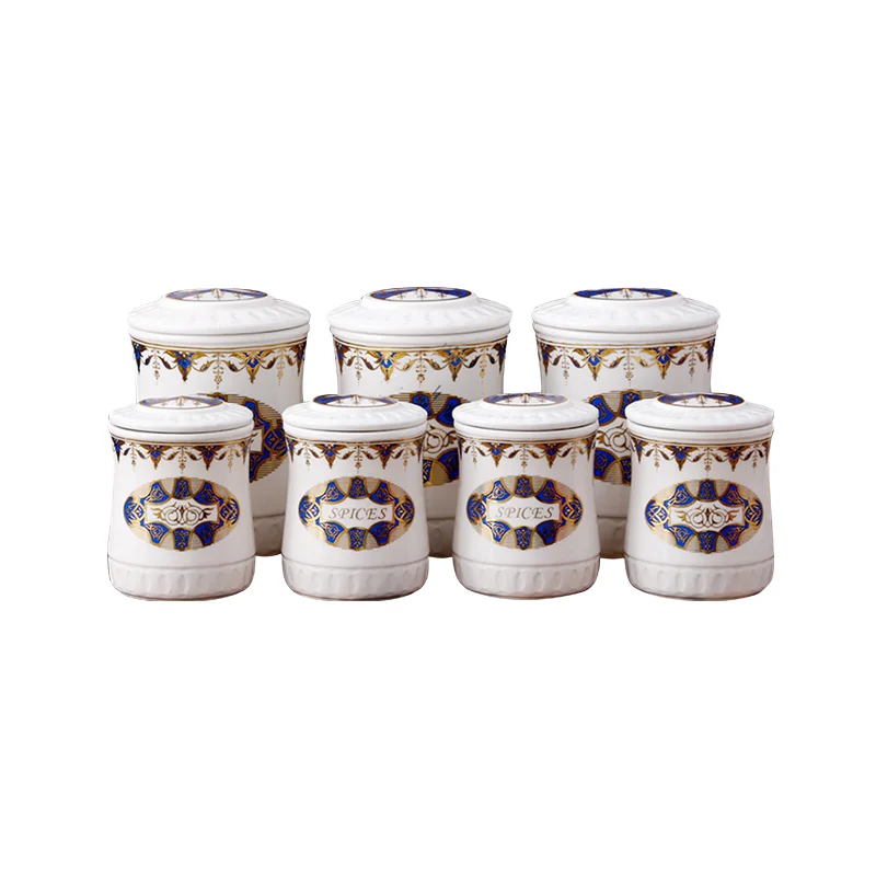 

Unique kitchen set of 7 pcs porcelain spice jar salt condiment dispenser ceramic canister rack storage bottles cookware sets