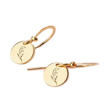 

2021 hot selling gold plated 925 sterling silver customized engrave birth flower coin dangle hoop earrings for women