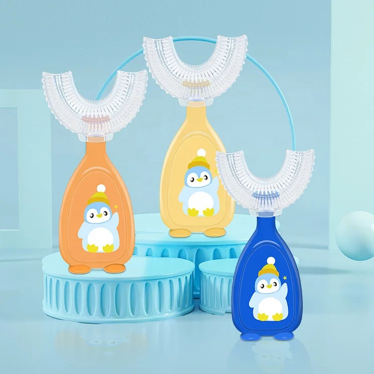 

Factory Hot Sale Baby 360 Degree Teeth Cleaning Baby Food Grade Silicone Manual U Shaped Toothbrush With Box, Yellow brown blue