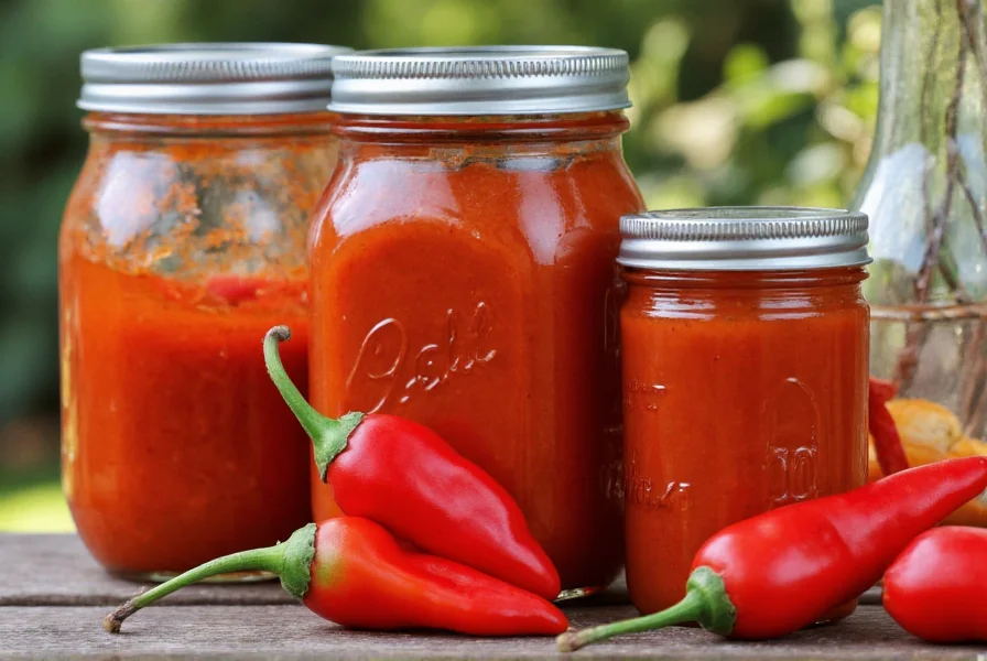 Homemade hot pepper sauce in mason jars with fresh peppers and ingredients