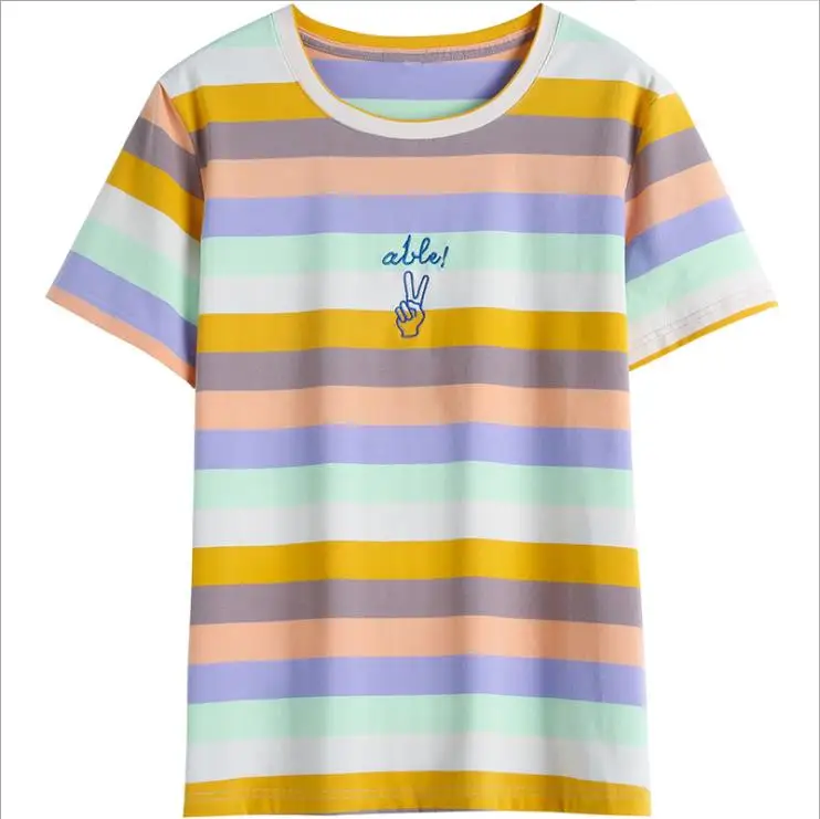 

The new summer 2021 rainbow striped short-sleeved round neck T-shirt women's wear