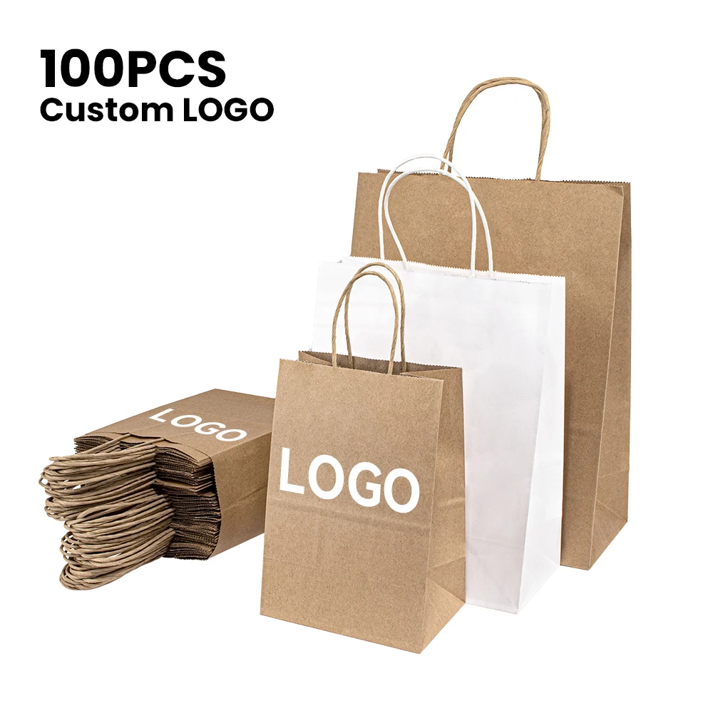 

Custom Logo Printed Brown Kraft Paper Shopping Bag Food Delivery Takeaway Paper Bag Gift Bag with Handle