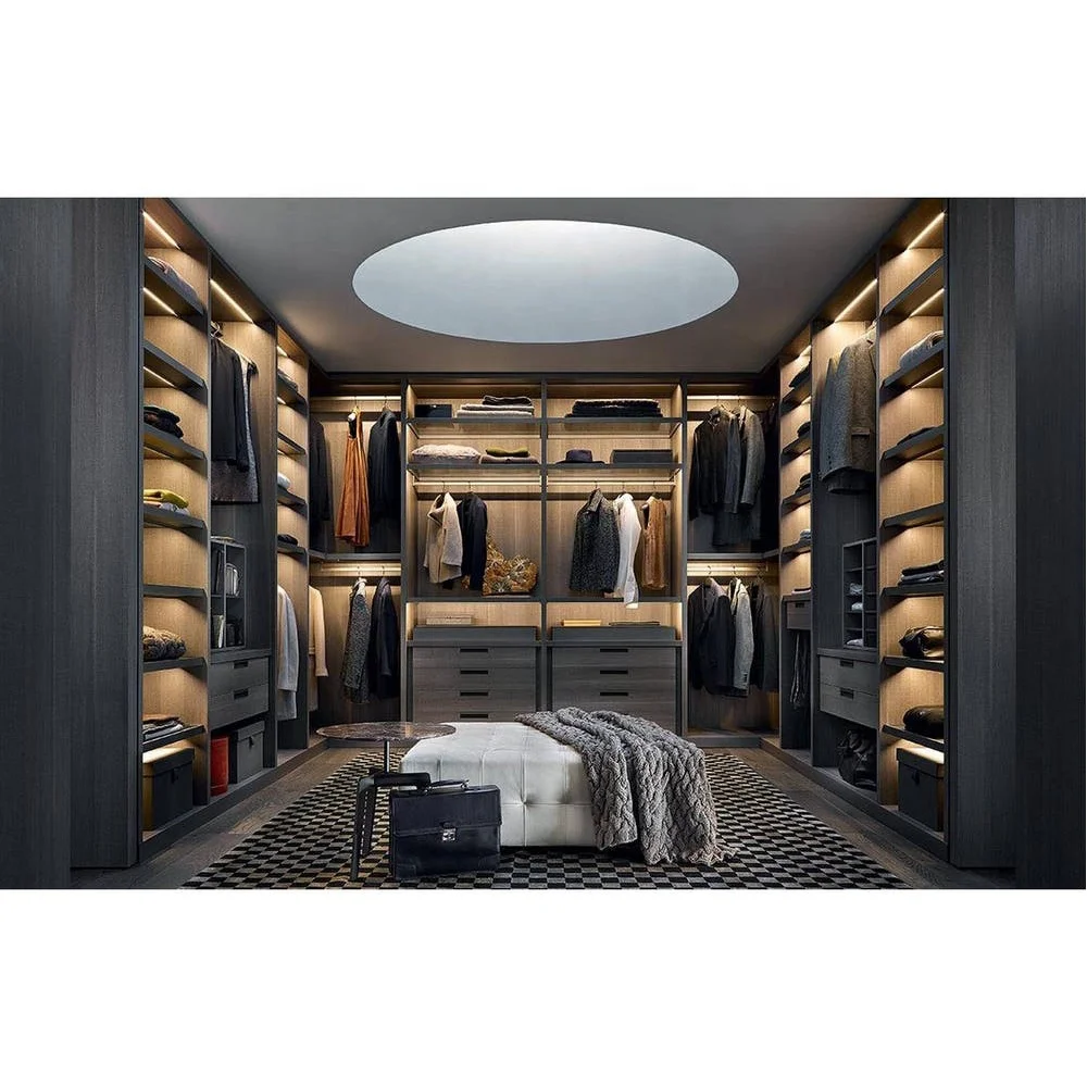 Modern design wood grain melamine bedroom wardrobes furniture walk in closet with LED Light