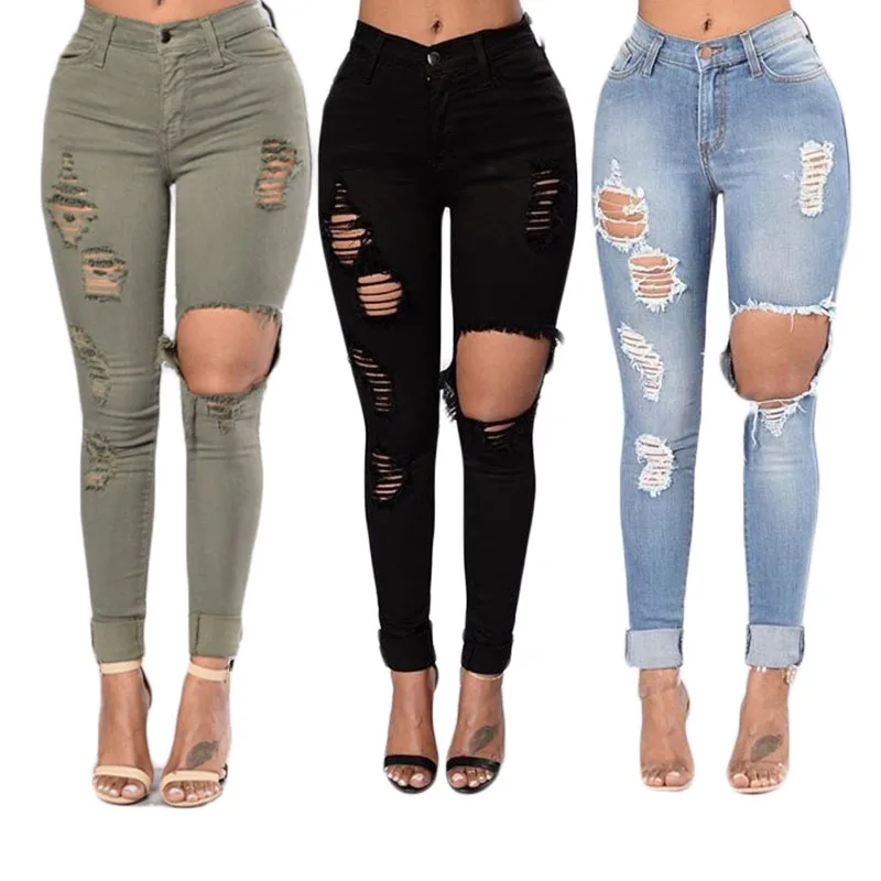 

Wholesale women pencil pants sexy ripped stretch denim jeans