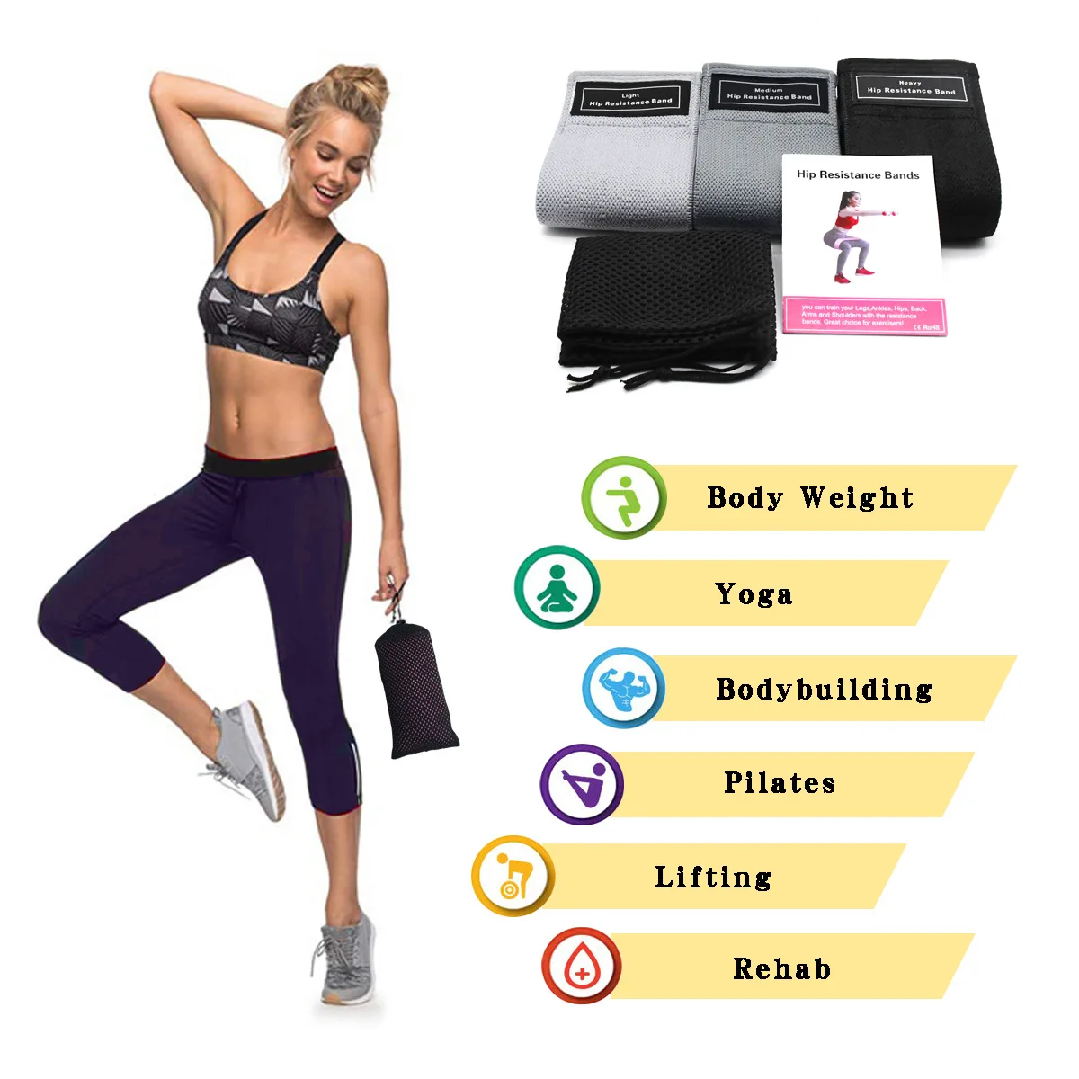 

Ship from US hot selling elastic fabric booty resistance loop exercise bands set of 3