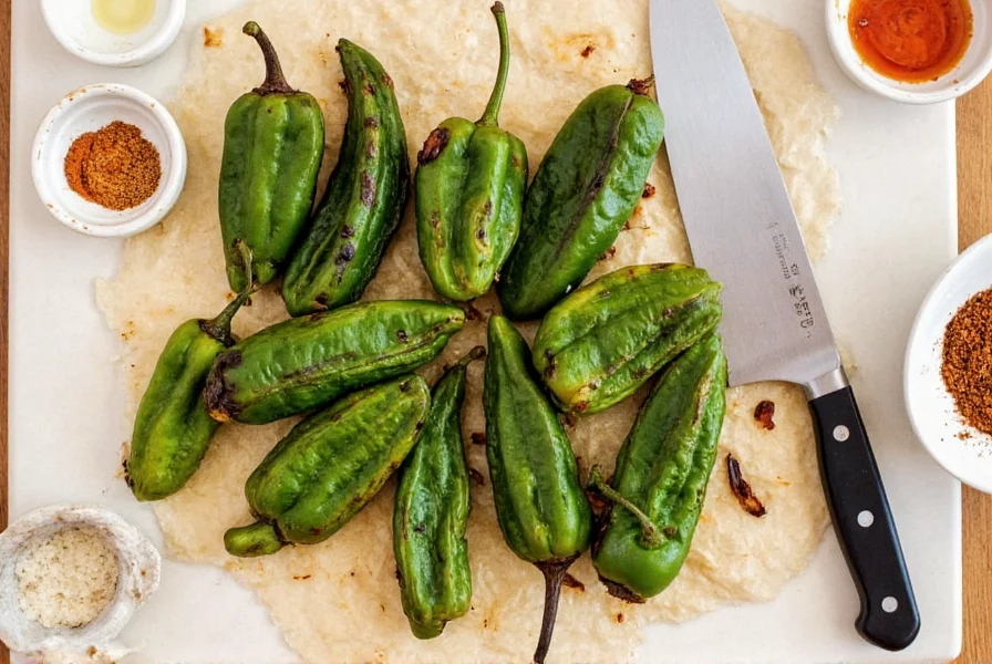Roasted poblano peppers arranged on cutting board with knife and spices