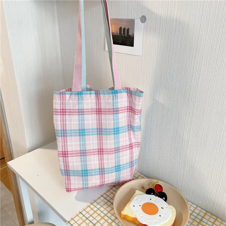 

2021 Women plaid Custom Handbag Carrying Canvas daily Girls Single Shoulder Bag Student Cotton Bags Wholesale, Customized color