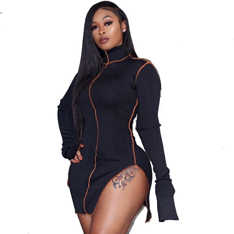

2021 summer women sexy high neck long sleeves solid color stitching split short dress, Customized color