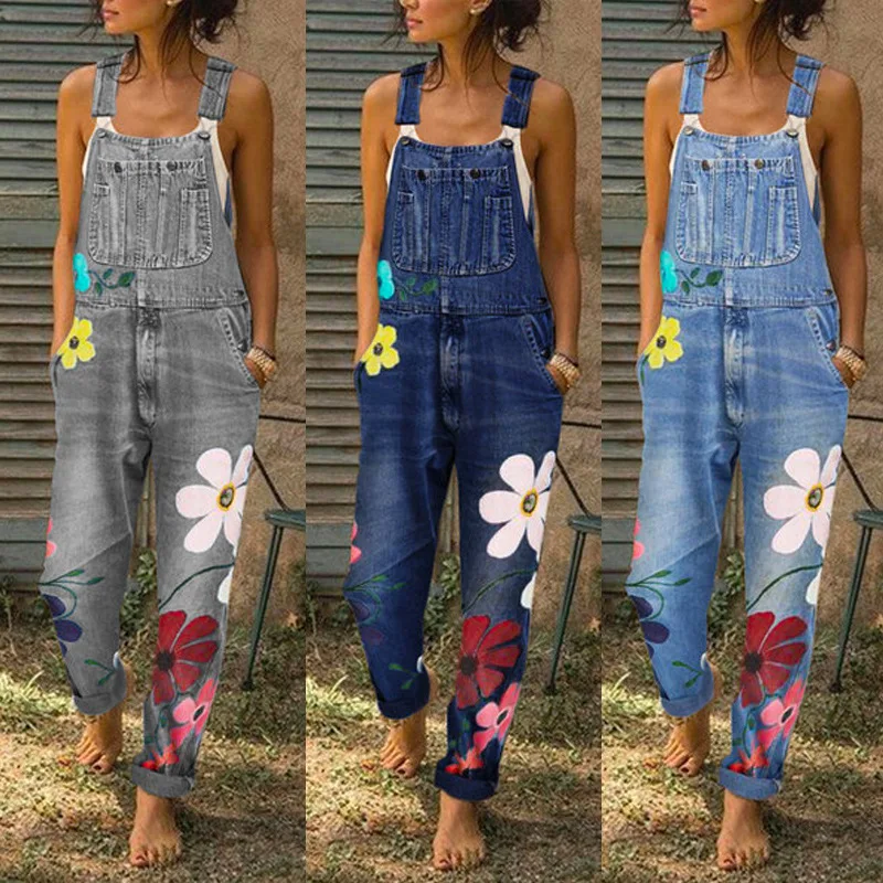 

Flower Printing Plus Size Women Classic Adjustable Straps Pockets Denim Bib Overalls Jeans Pants Suspender Trousers S-5XL