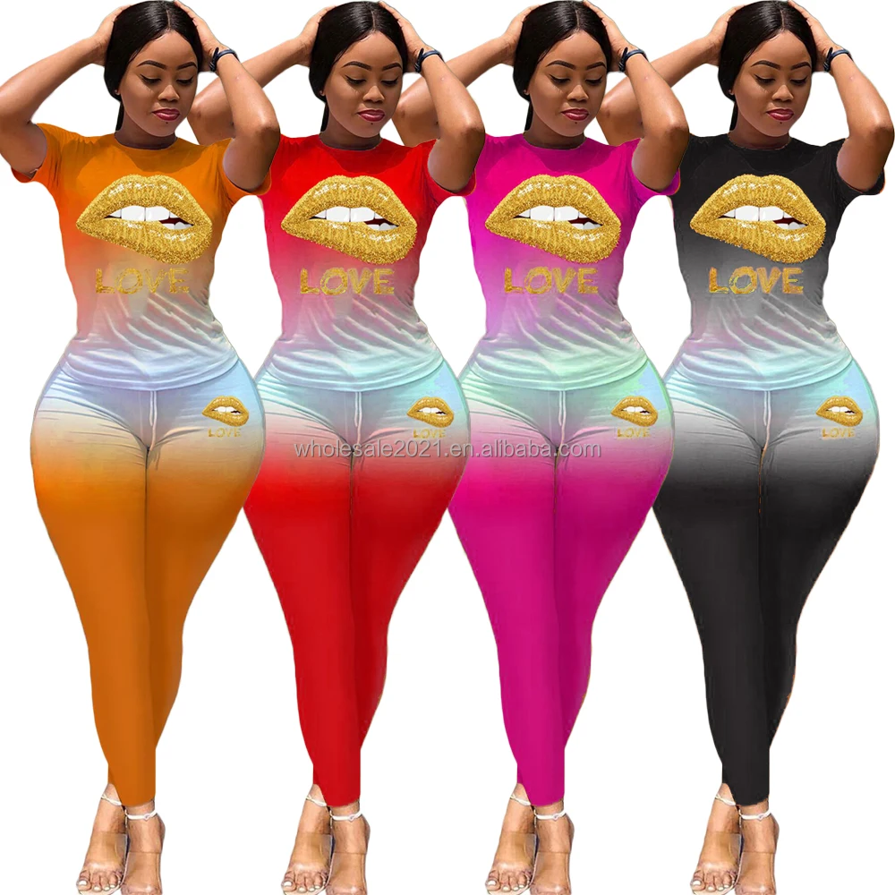 

2021 Summer Sets Women Fashion Casual High Quality Gradient Lips Printing Short Sleeve Sports Two Piece Set Wholesale