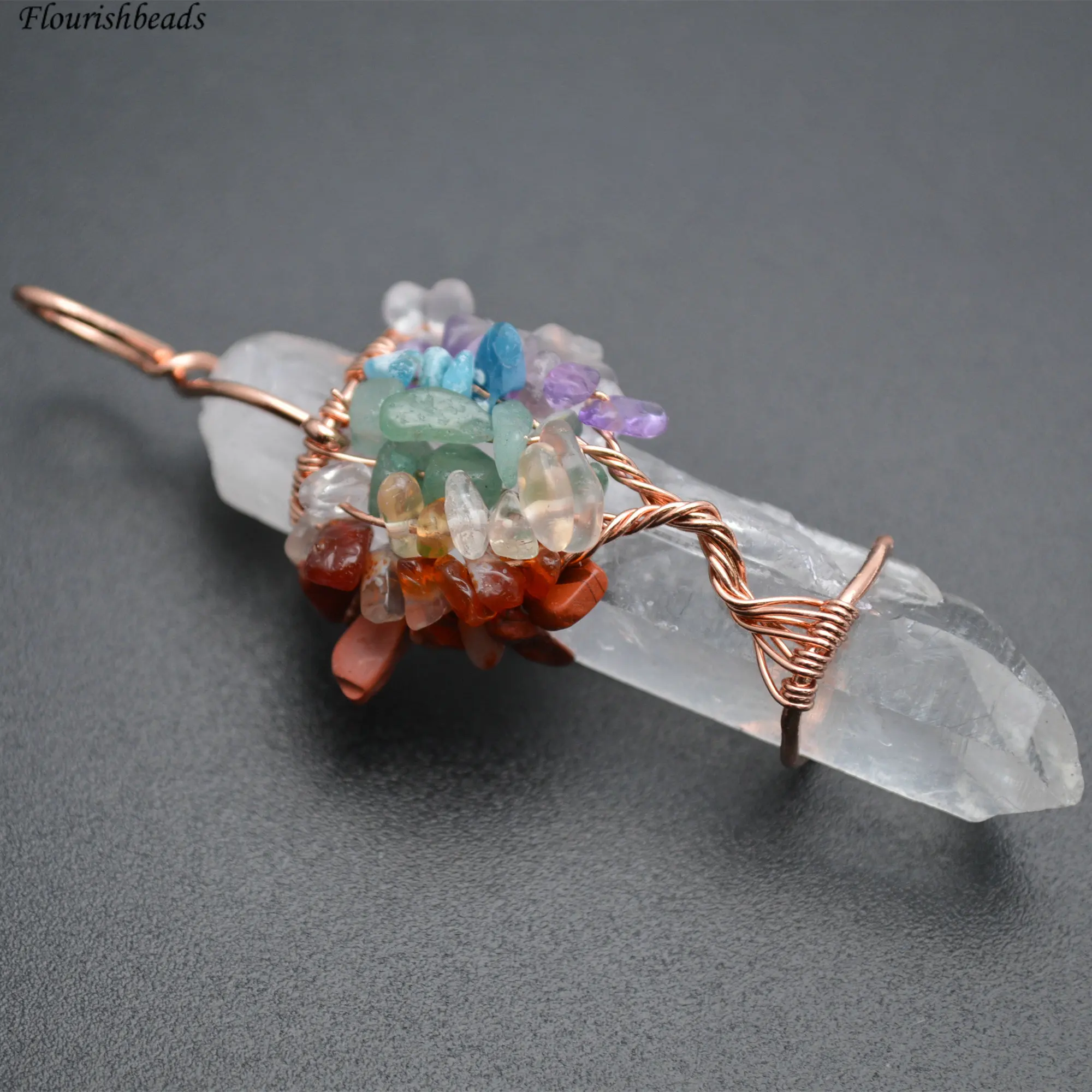 

Wire Wrapped Stone Chips Life Tree Energy Stone Pillar Natural Crystal Quartz Healing Pendant, Picture