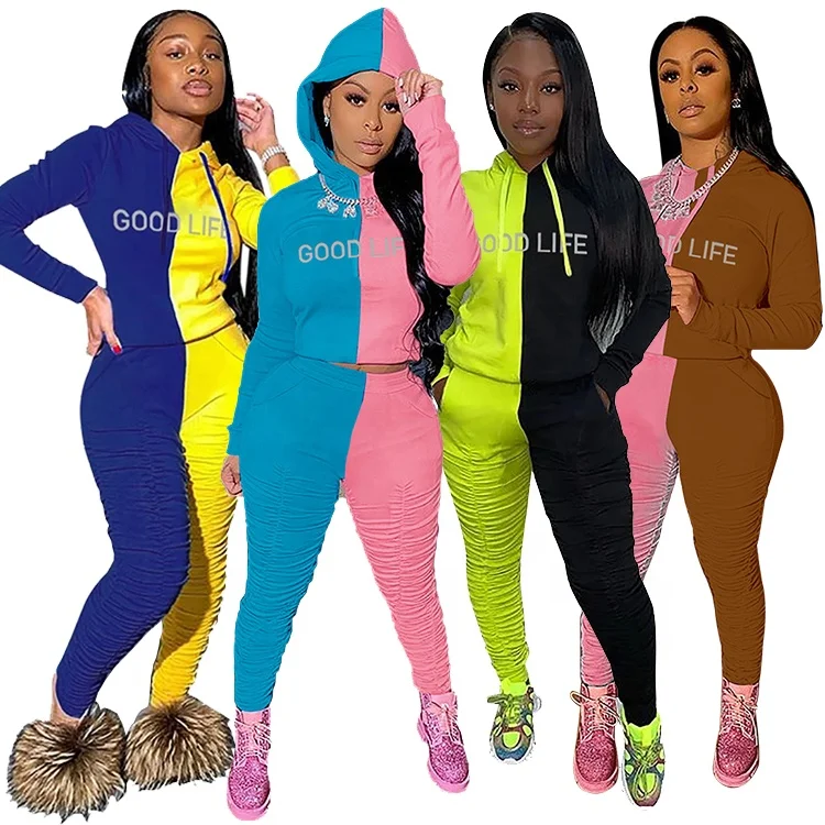 

Fall Clothing Hoodies Jogger Tracksuits Women Two Piece Pants Set Stacked Sweatpants, Blue&pink/blue&yellow/green&black/pink&brown