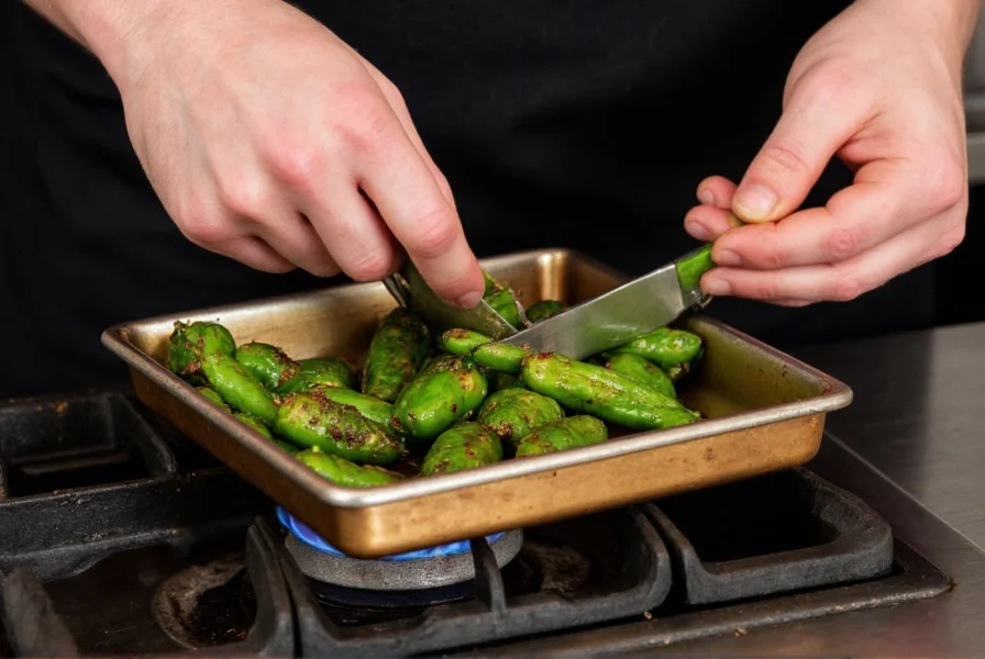 Chef roasting poblano peppers over gas flame showing proper technique for peeling