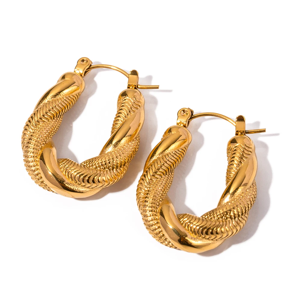 

J&D Jewelry Chunky Hoop Earring 18k PVD Gold Plated Stainless Steel Texture Hollow Tarnish Free Hoop Earrings