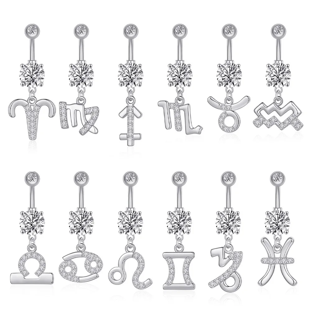 

12 Star Signs Zodiac Astrology Navel Bell Button Rings Horoscope Body Piercing Jewelry Stainless Steel Belly Ring For Women, Gold,silver,rose gold