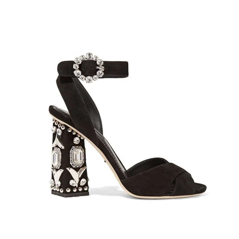 

New Arrival Rhinestone Thick Heel High Heels Jewel Ankle Strap Open Toe Sandals Women's Shoes, Black customzied