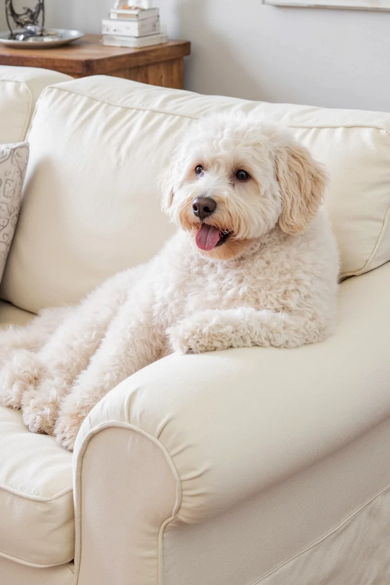 A light taupe linen-style stretch slipcover covering a curved sofa with elegant pleats.