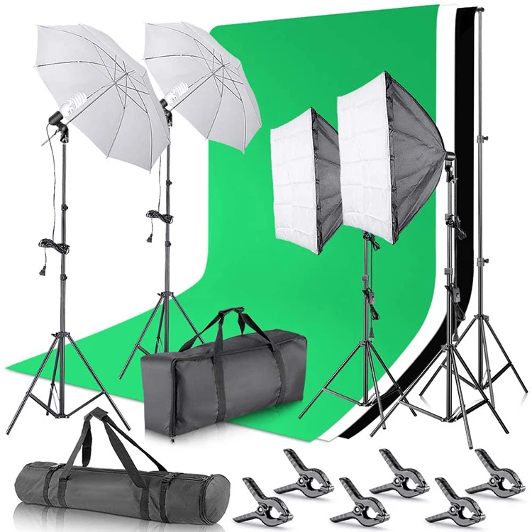 

8.5x10ft Backdrop Stand Support Kit with 6x9ft Background 900W 5500K 24-inch LED Softbox and Umbrellas Continuous Lighting Kit, Black