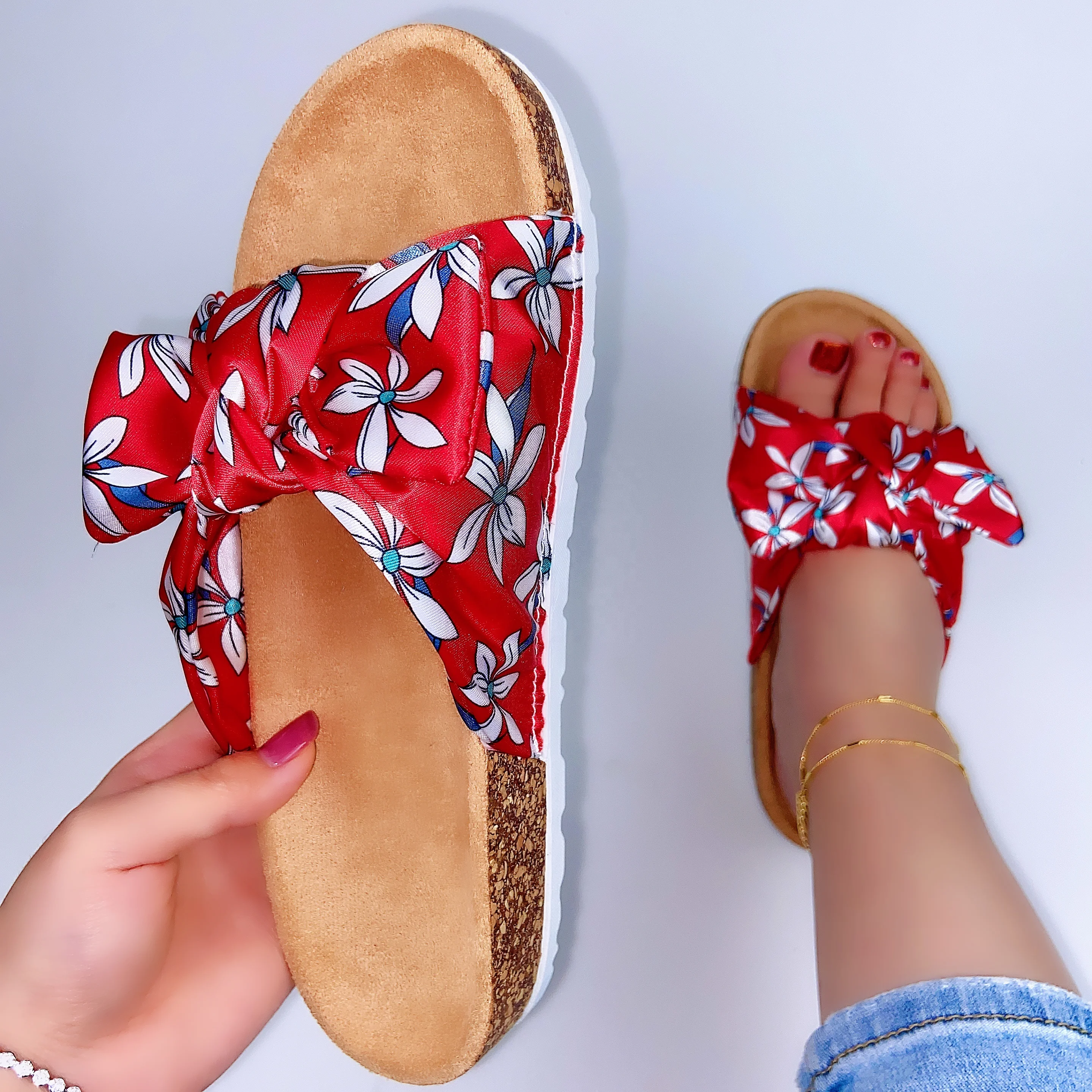 

Women Slippers Cork Sole Outdoor Flat Sandals Ladies Satin Silk Bowknot Colorful Sandals Slippers Slides For Women Shoes