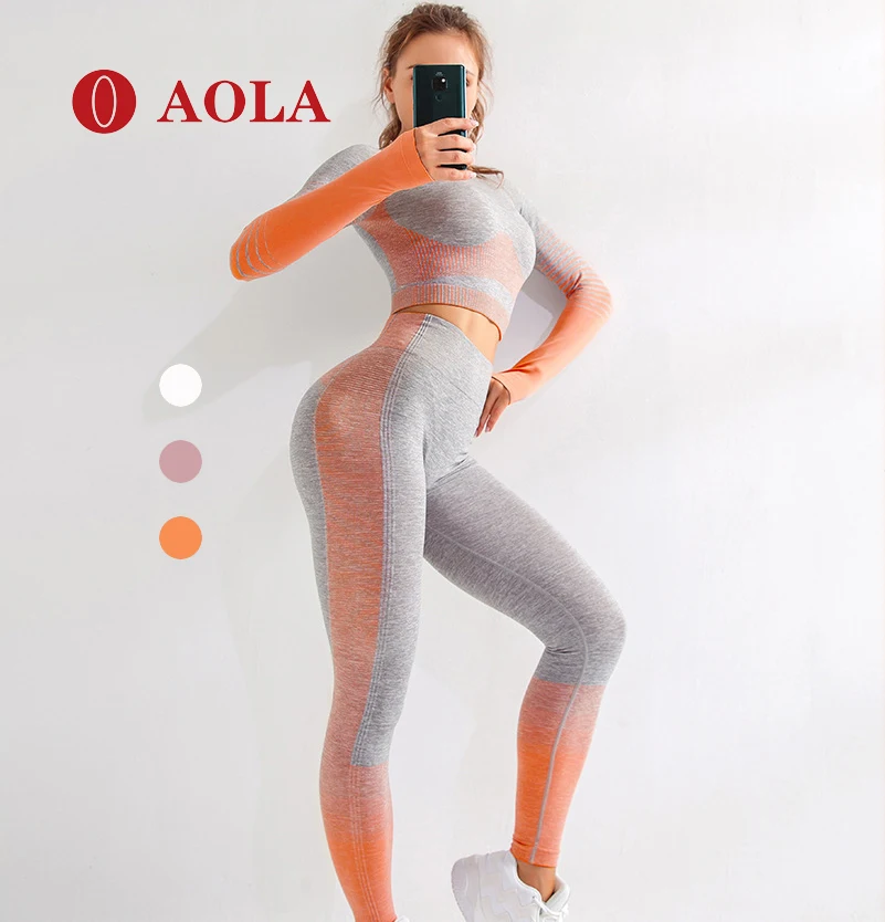 

2020 Custom High Waisted Fitness Long Sleeve Yoga Set, Gray/orange/pink