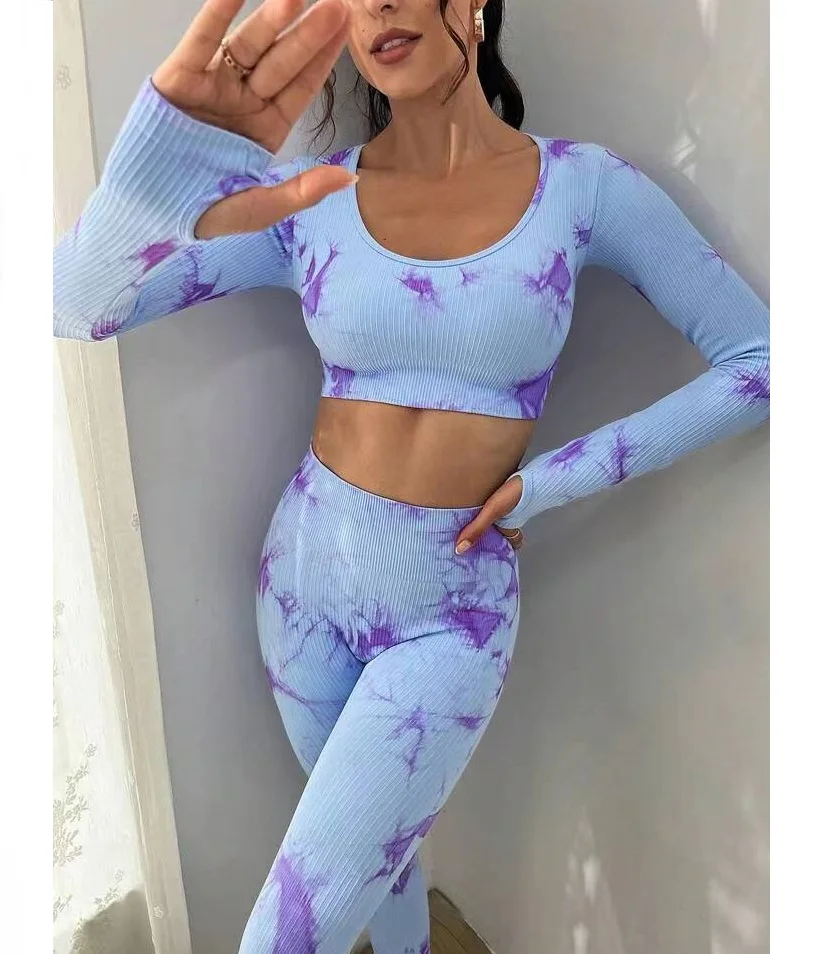 

Custom Tie Dye Long Sleeve Sportswear Seamless Gym Wear Women Fitness Yoga Sets With Thumb Holes
