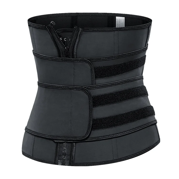 

Private Label custom Ladies logo Women Shaper slimming hot hook and zip 9 Steel Bone Plus Size latex double belt waist trainer, Black