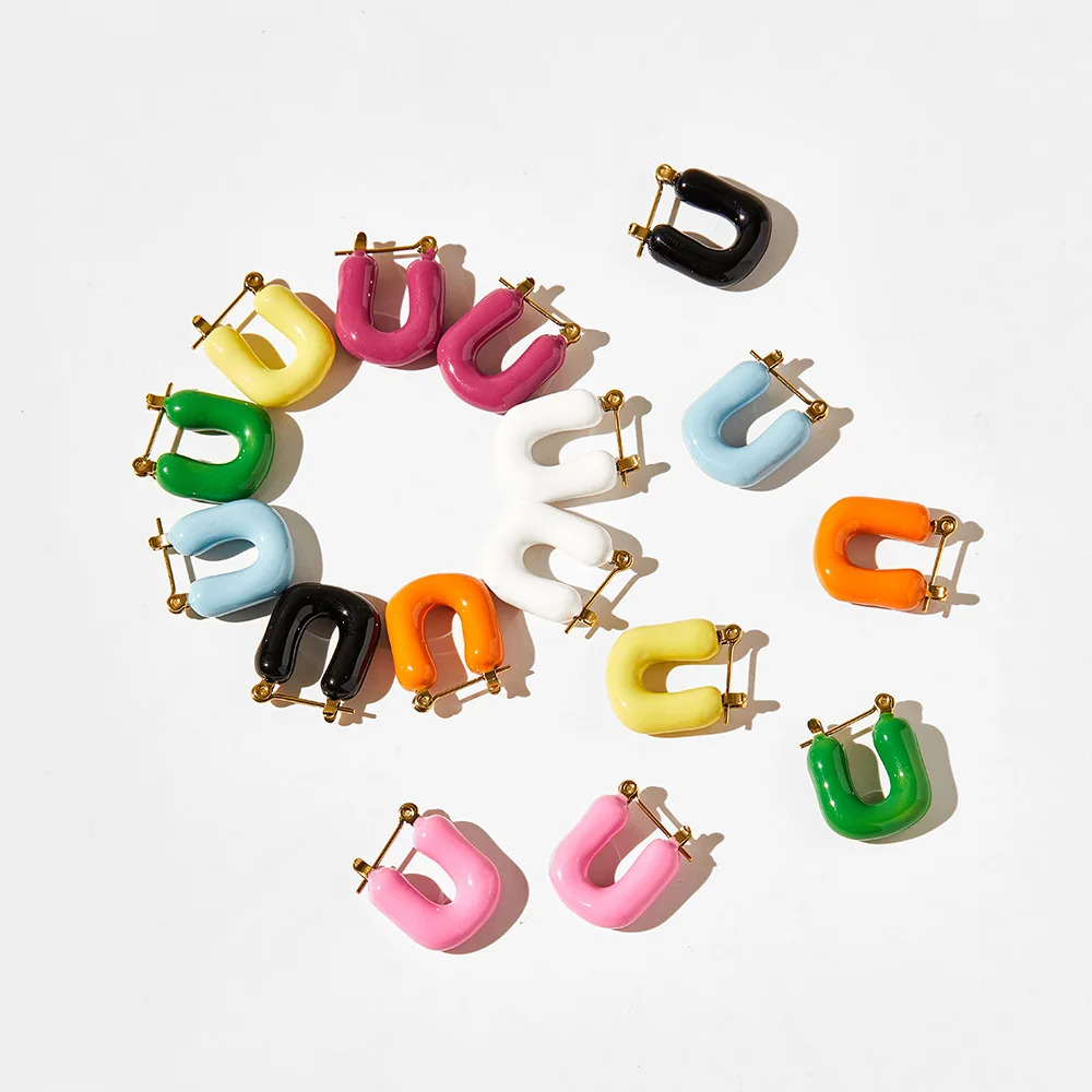 

Custom Luxury Jewelry Oil Drop Gold Plated Chunky Earrings Stainless Steel U-shaped Colorful Enamel Hoop Earrings