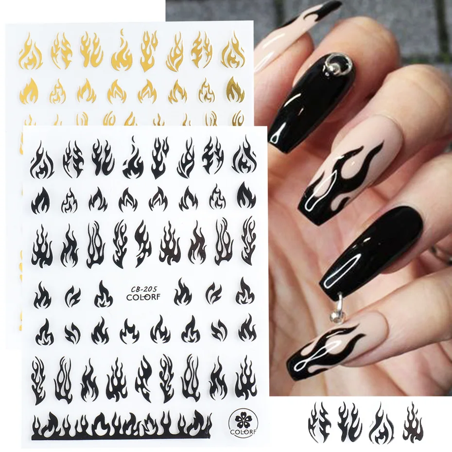 

3D Gold Silver Black Flame DIY Fire Self-Adhesive Nail Art Stickers Decoration, Gold & silver&white &black