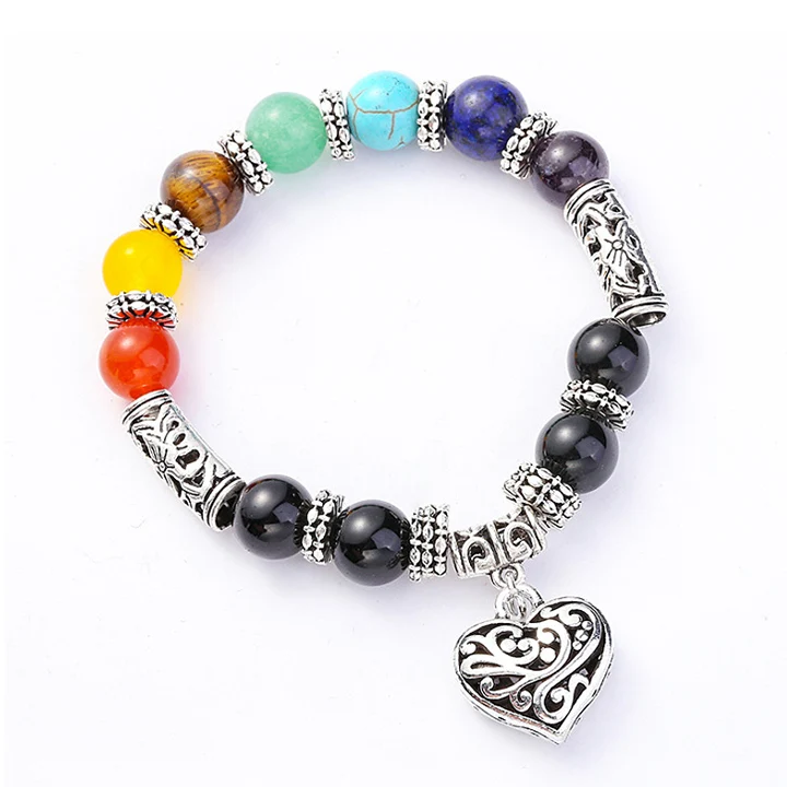 

Fashion Heart-shaped Charm Bracelets Tiger Eye Stone Beaded Bracelets Colorful Chakra Bracelets for Men, Picture shows