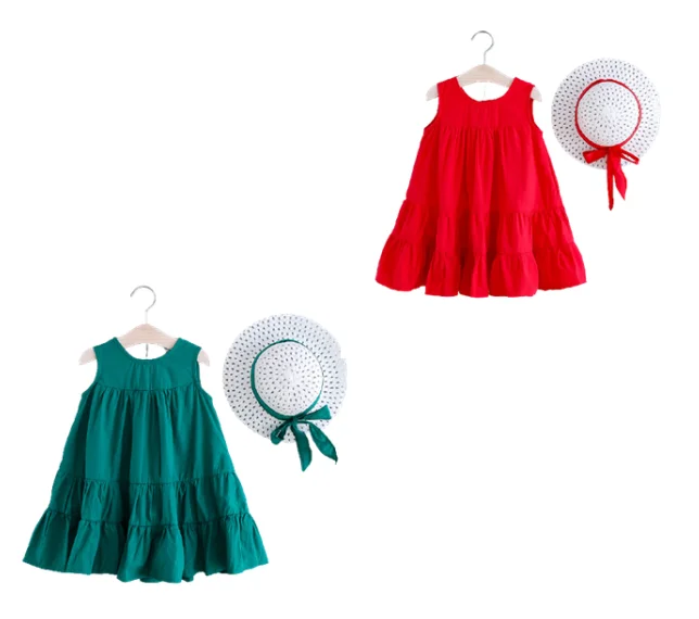 

2021 Kids new loose sleeveless round collar solid color button wrinkle hat baby princess girls dresses for summer, As pic shows, we can according to your request also