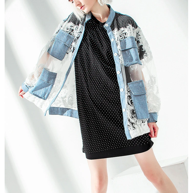

2021 new arrivals spring collection fashion women street contrast lace oversize hip-hop denim jacket