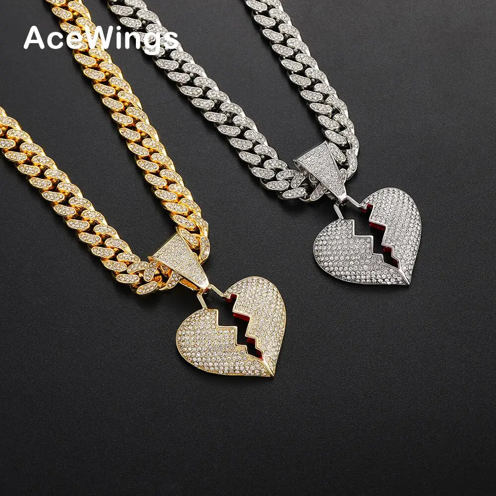 

N307+AC003 Bling Bling Jewelry 13MM Men's Crystal Cuban Chain Necklace With Heart Pendants