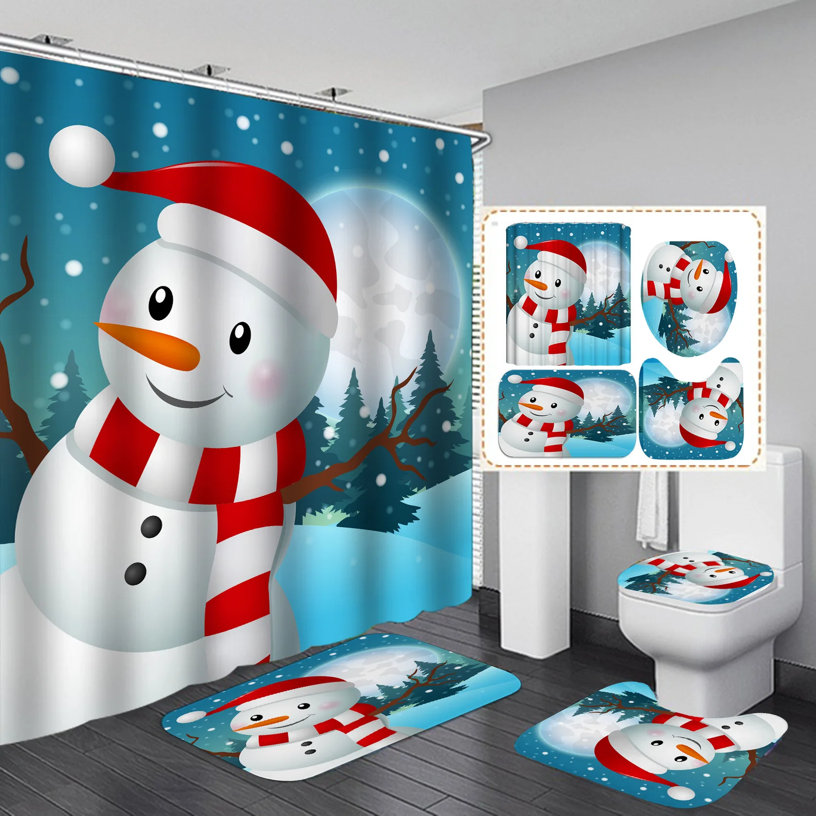 

Cheap Digital Printed Snowman Christmas Home Shower Curtain With Matching Rug Set, Eco Friendly Cartoon Bathroom Curtain Set/, Accept customized color