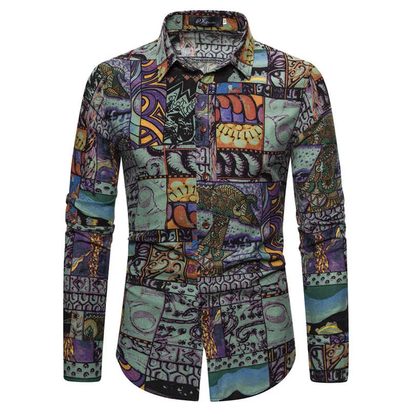 

HG Men's shirt ethnic style printed long-sleeved stand-up collar casual men's shirt