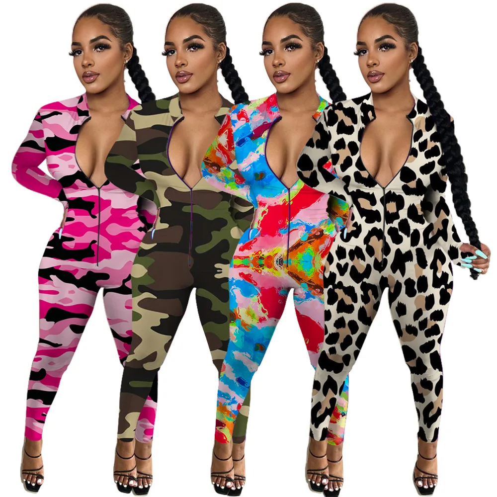 

2020 wholesale one piece Camouflage Leopard Print colorful Long Sleeve zipper Jumpsuit yoga bodycon Lady Trousers Rompers