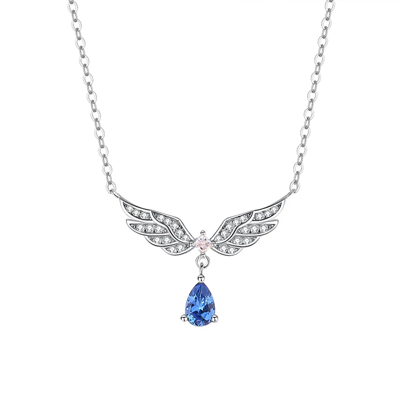 

New Fashion Water Drop Shaped Sapphire Pendant Jewelry 925 Sterling Silver Bling Zircon Cz Angel Wing Necklace for Women