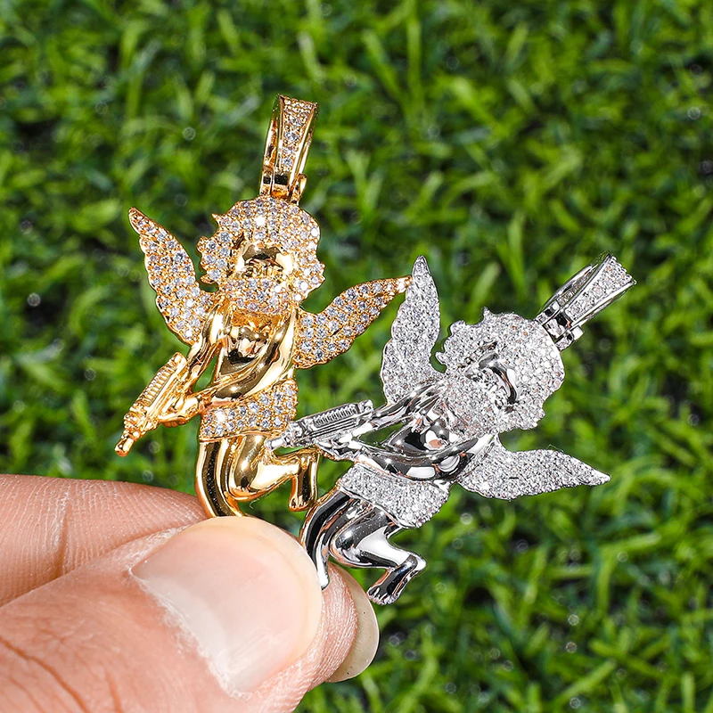 

2021 Fashion Hip Hop Jewelry 18K Gold Plated Pendant Iced Out CZ Cubic Zirconia Angel Necklace Masked Angel Pendant Necklaces