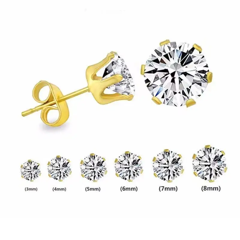 

Simple Korean popular stainless steel Zircon Earrings Fashion men's and women's earrings wholesale six claw Round Earrings