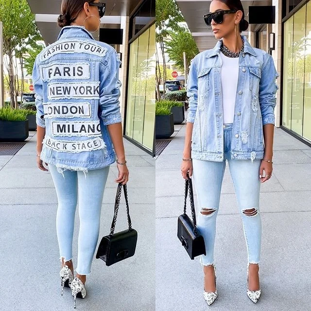 

RX-936 New stylish oversized light blue jacket jeans letter print womens denim jacket, As picture shows or customized color