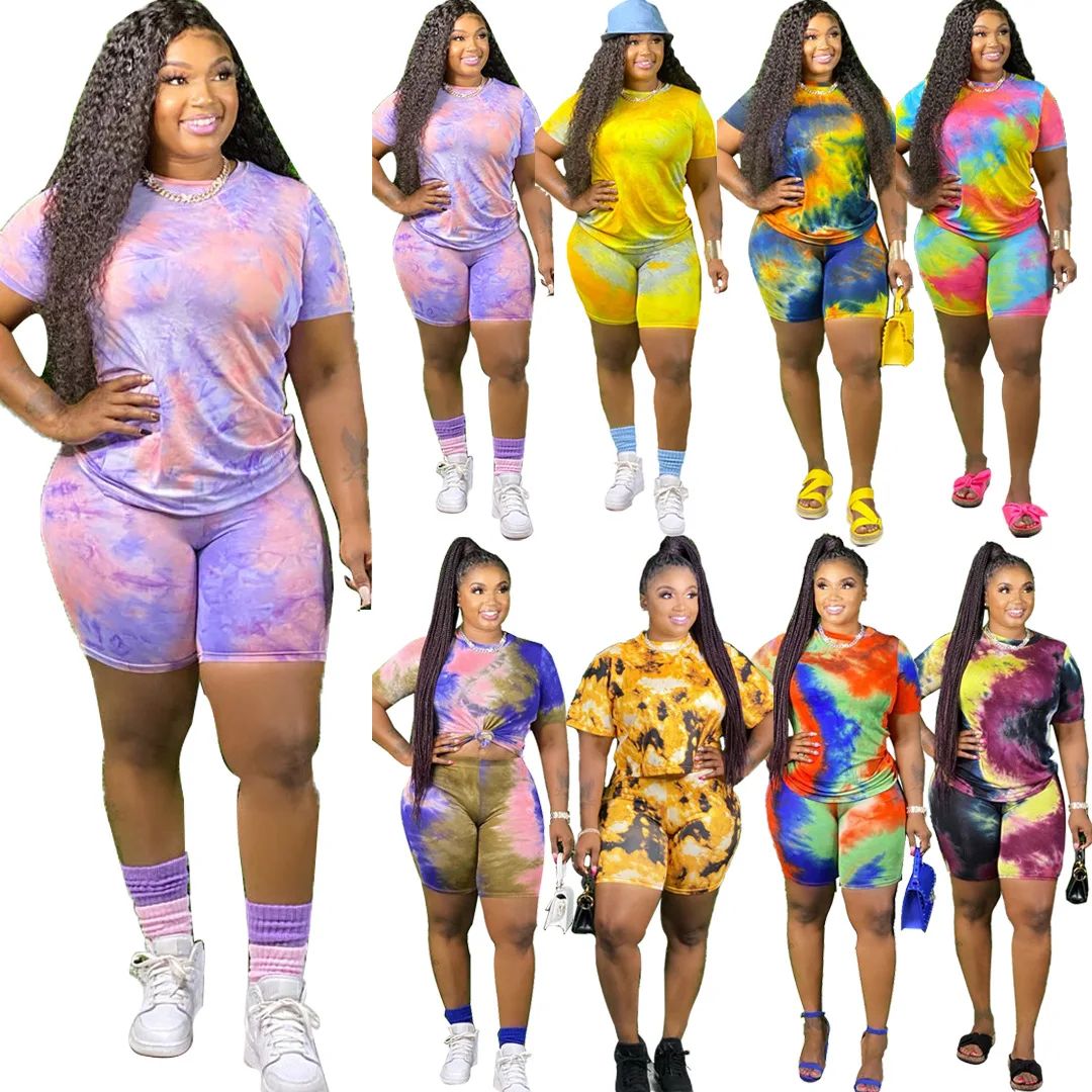 

SQ6616 2021 summer short pants two piece plus size women clothing tie-dye 2 piece sports sets 8 color spot