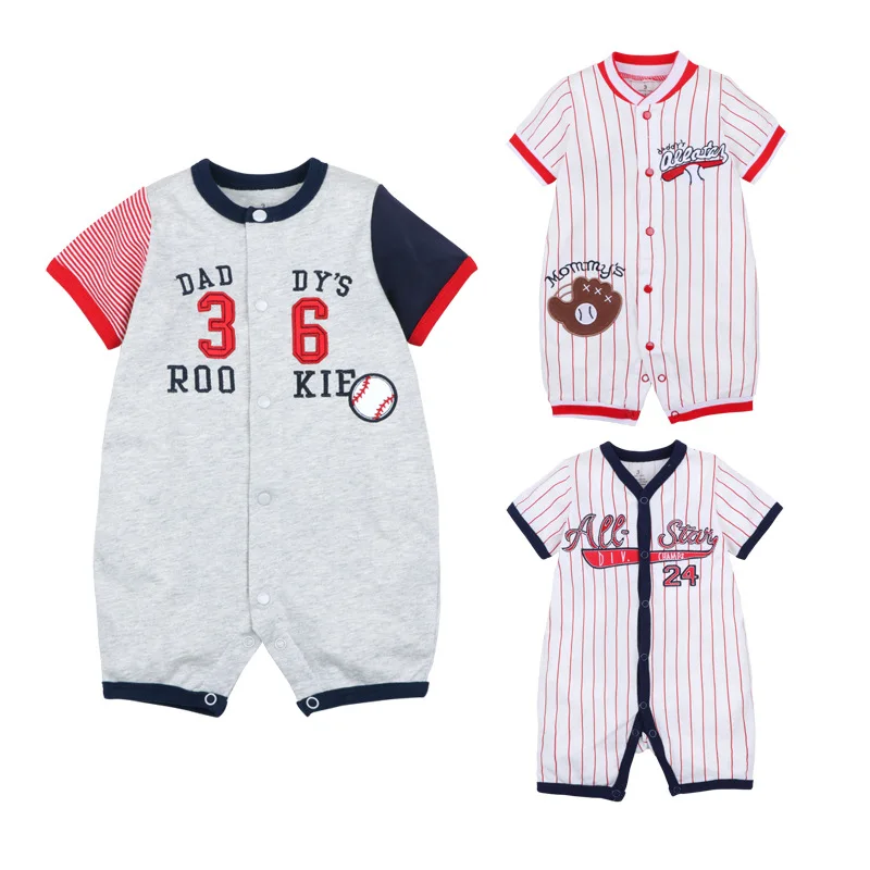 

Summer short-sleeved cotton one-piece male baby baseball romper