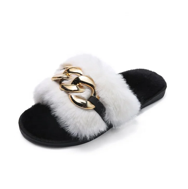 

LE SLIDES High Quality Winter Fur Flat Slippers Furry Women's Indoor Raccoon Fur Slippers Sandals Real Fur Slides With Chain, White black brown grey pink