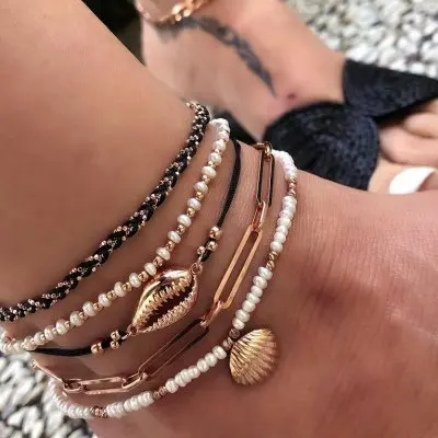 

Boho Gold Shell Cowrie Anklet Set for Women Black Weaving White Pearl Charms Beaded Anklet Foot Chain Jewelry N206253, Silver